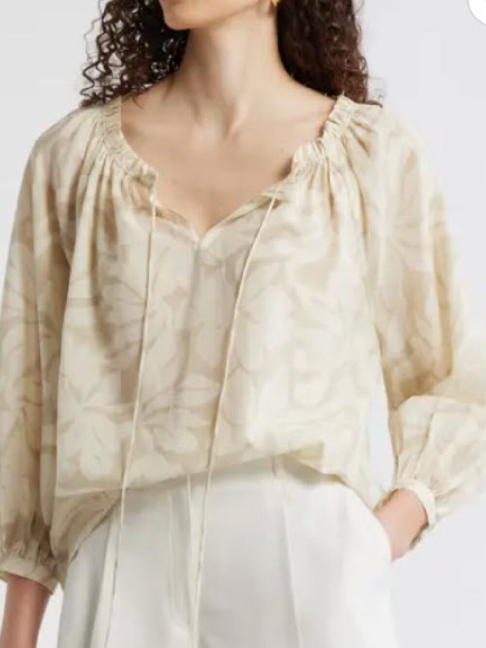 Nordstrom Light Weight Ruffle Neck Tie Front Blouse Top L/XL
